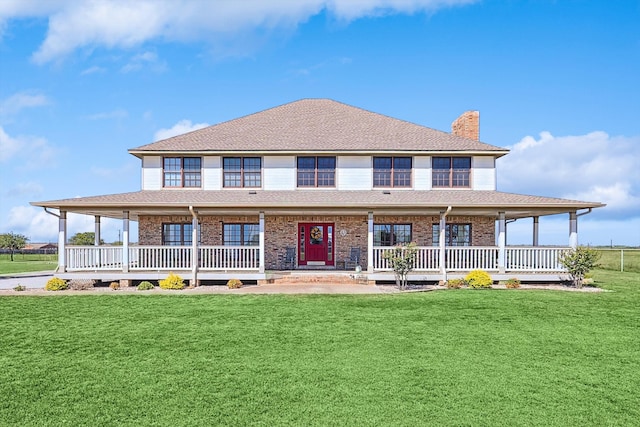 country-style home with covered porch and a front yard