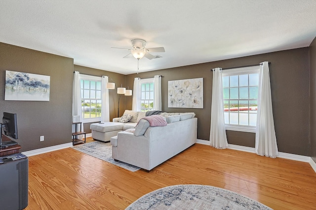 living room featuring ceiling fan, hardwood / wood-style flooring, and a textured ceiling