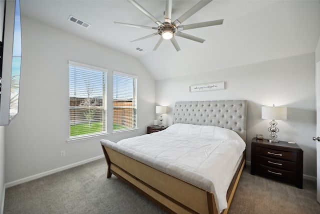 bedroom with ceiling fan, dark carpet, lofted ceiling, and a water view