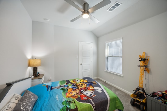 bedroom featuring lofted ceiling, carpet flooring, and ceiling fan