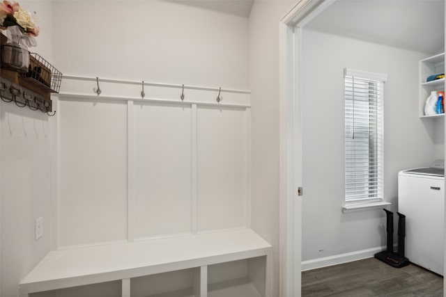 mudroom with dark hardwood / wood-style floors and washer / dryer