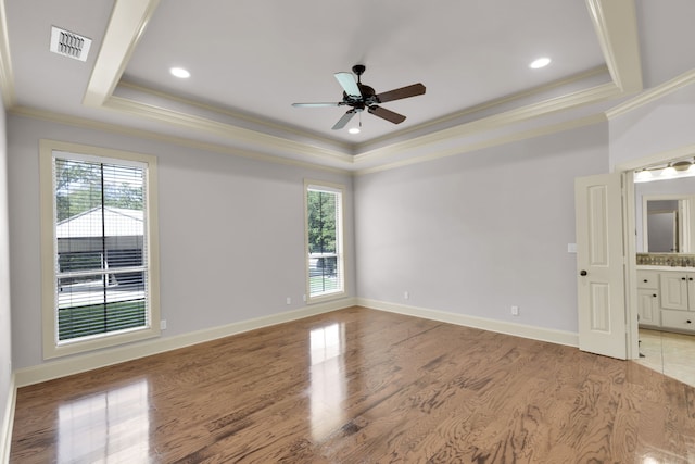 spare room with ceiling fan, light hardwood / wood-style flooring, a raised ceiling, and a wealth of natural light