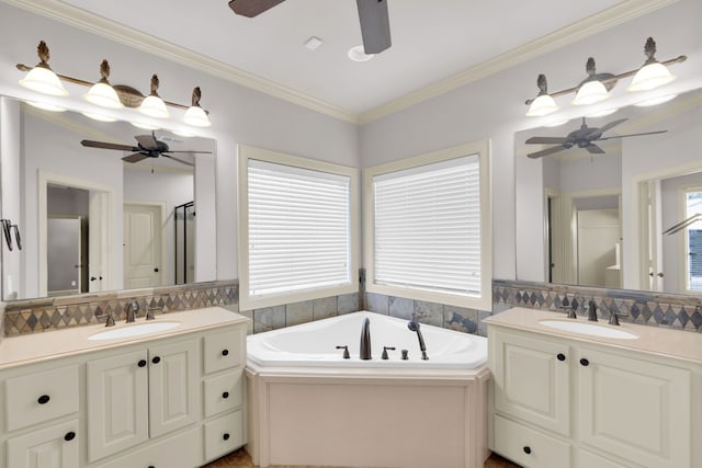 full bathroom with ornamental molding, vanity, toilet, and plus walk in shower