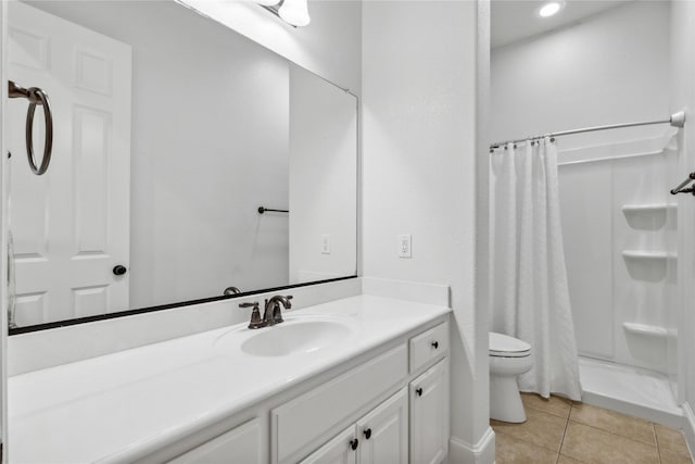 bathroom with vanity, toilet, tile patterned floors, and a shower with shower curtain