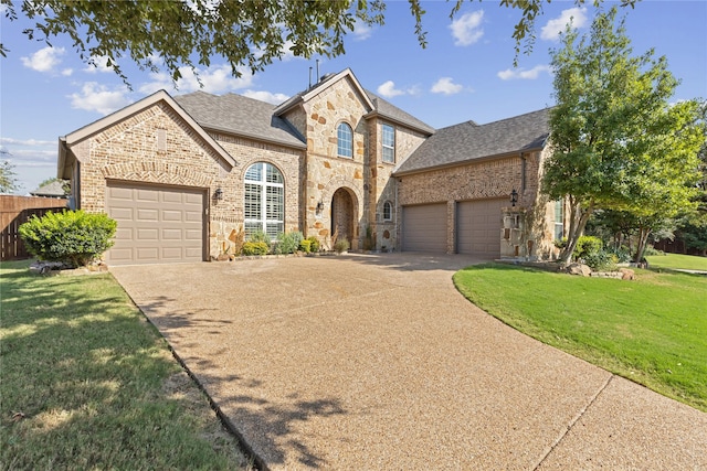 view of front of property with a garage and a front lawn