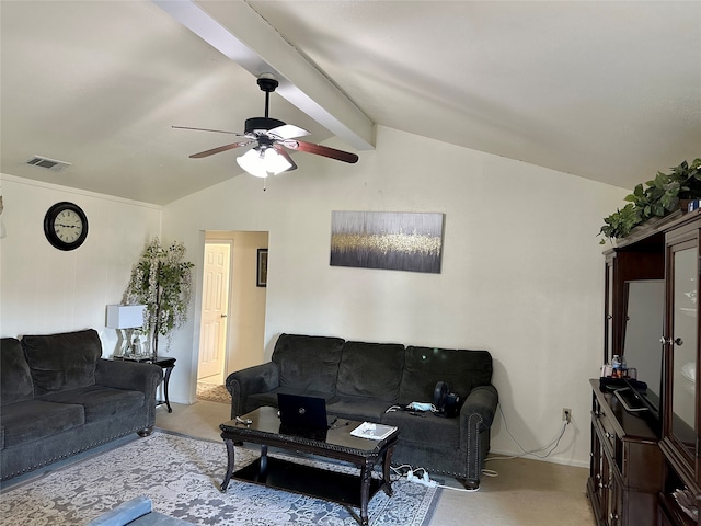 living room with vaulted ceiling with beams and ceiling fan