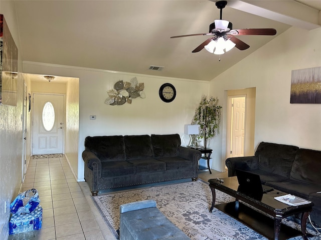 living room featuring lofted ceiling with beams, ceiling fan, and light tile patterned floors