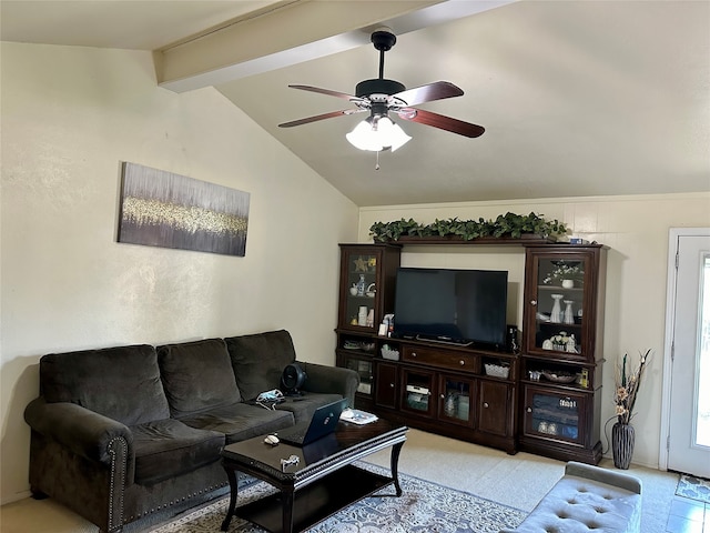 living room with lofted ceiling with beams and ceiling fan