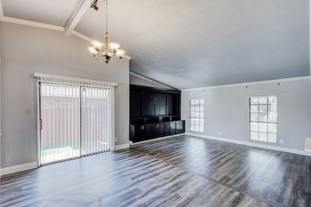 unfurnished living room with a chandelier, dark hardwood / wood-style flooring, lofted ceiling with beams, and ornamental molding