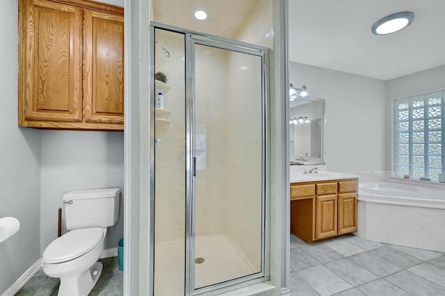 full bathroom featuring tile patterned floors, vanity, separate shower and tub, and toilet