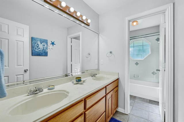 bathroom with tile patterned flooring, vanity, and washtub / shower combination