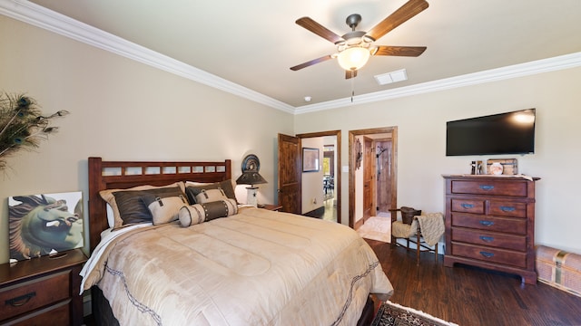 bedroom with dark hardwood / wood-style flooring, ceiling fan, and crown molding