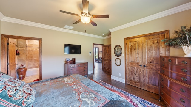 bedroom with connected bathroom, ceiling fan, dark hardwood / wood-style flooring, and crown molding