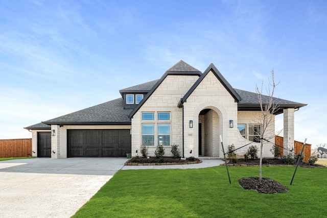 view of front of property featuring a garage and a front lawn