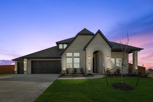 view of front of property with a garage and a yard