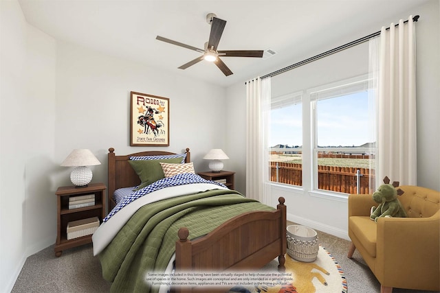 carpeted bedroom with ceiling fan