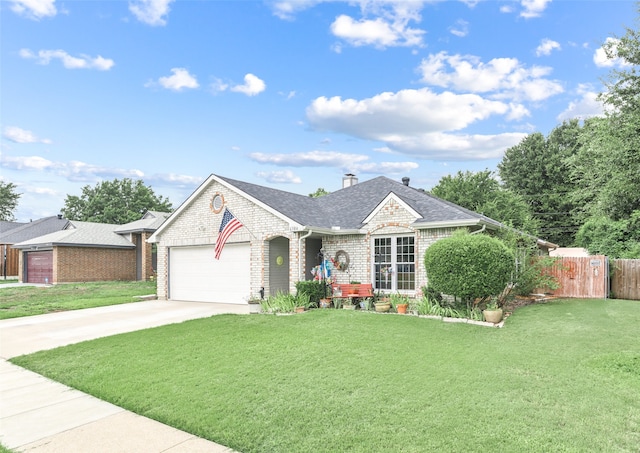 ranch-style home featuring a garage and a front lawn