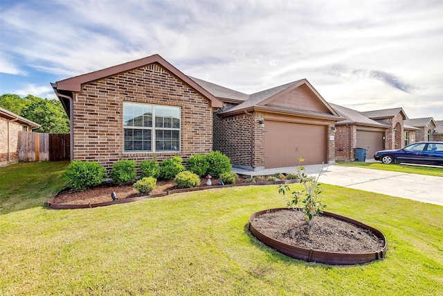 ranch-style home featuring a garage and a front yard