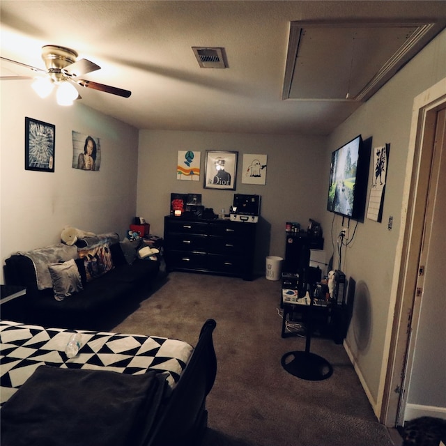 carpeted bedroom featuring ceiling fan