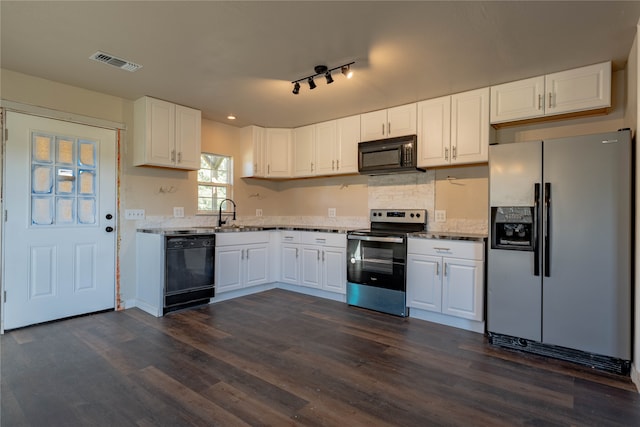 kitchen featuring light stone countertops, black appliances, white cabinetry, and dark hardwood / wood-style flooring