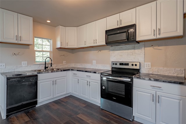 kitchen featuring black appliances, dark hardwood / wood-style flooring, sink, and white cabinets