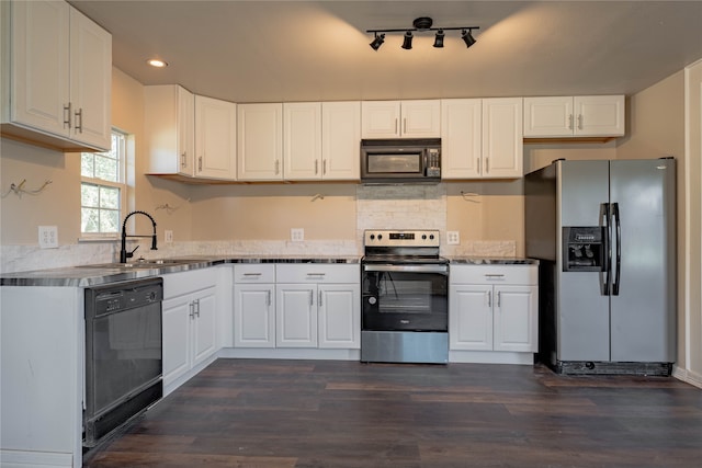 kitchen featuring sink, track lighting, white cabinetry, black appliances, and dark hardwood / wood-style floors