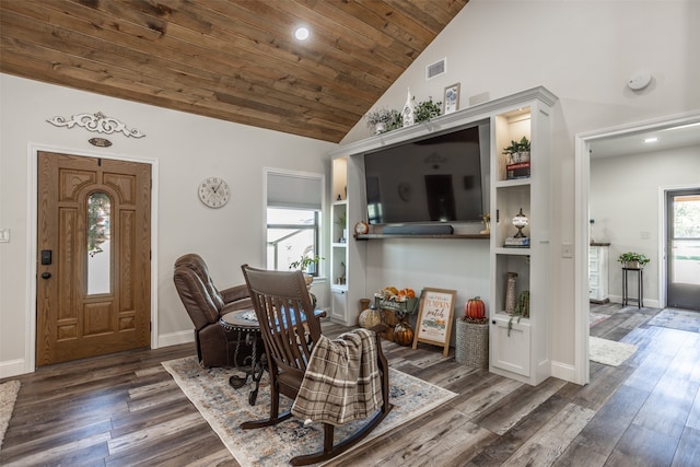 dining room featuring wooden ceiling, dark hardwood / wood-style flooring, and high vaulted ceiling