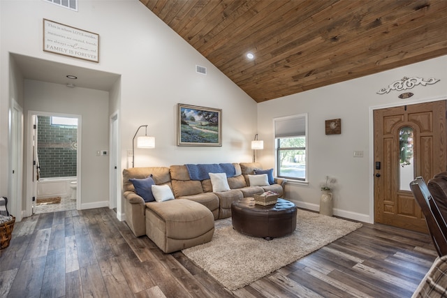 living room featuring wood ceiling, dark hardwood / wood-style floors, and high vaulted ceiling