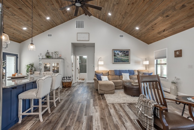 living room featuring high vaulted ceiling, wood ceiling, ceiling fan, and dark hardwood / wood-style floors