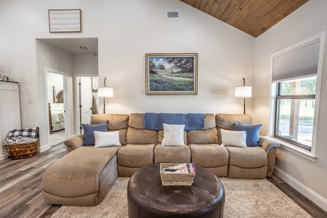 living room with wooden ceiling, lofted ceiling, and hardwood / wood-style floors