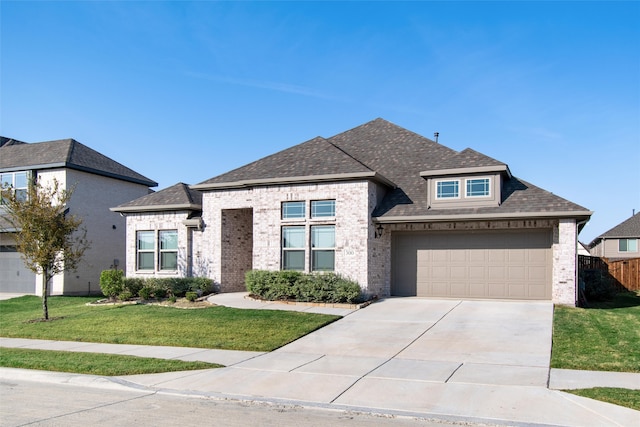 view of front of property with a front yard and a garage