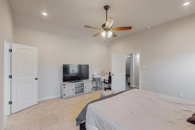 bedroom featuring ceiling fan and carpet floors