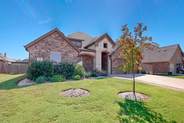 view of front of home featuring a front lawn and a garage