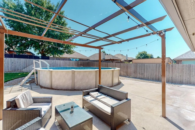 view of patio with a fenced in pool and a pergola