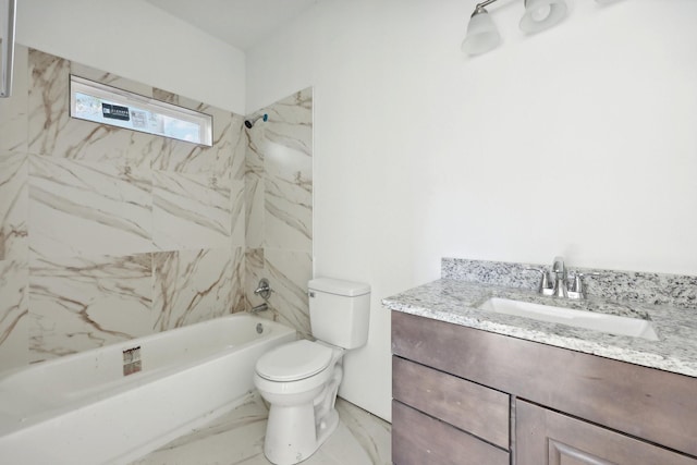 bathroom with  shower combination, marble finish floor, vanity, and toilet