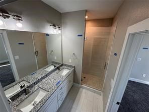 bathroom featuring vanity and a shower with shower door