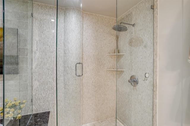 bathroom featuring a shower with door