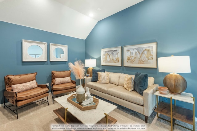 carpeted living room featuring lofted ceiling