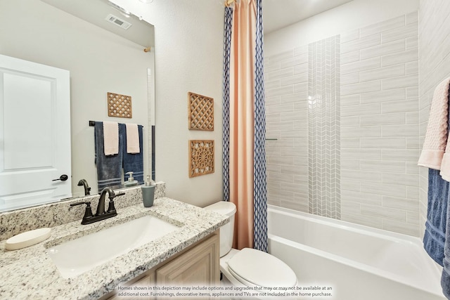 full bathroom with shower / bathtub combination with curtain, toilet, and vanity