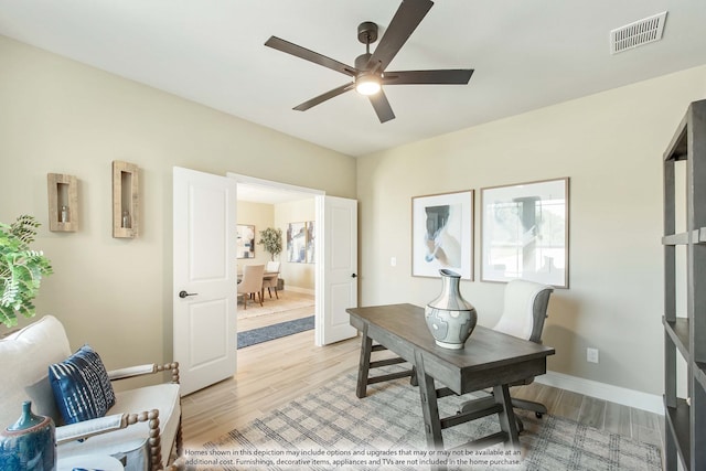 office featuring ceiling fan and light hardwood / wood-style floors