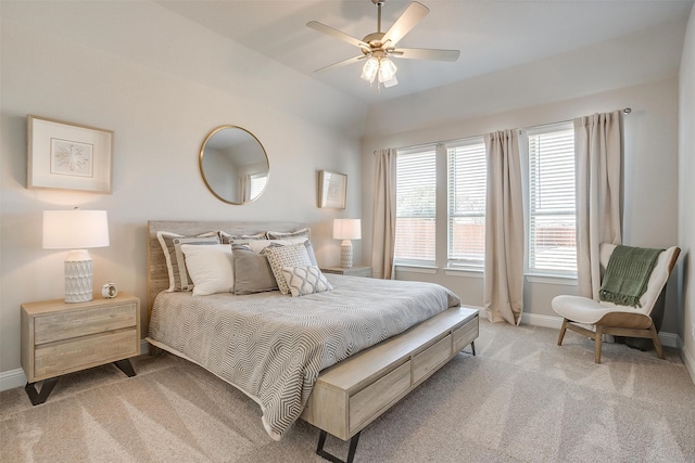 bedroom featuring ceiling fan and light colored carpet