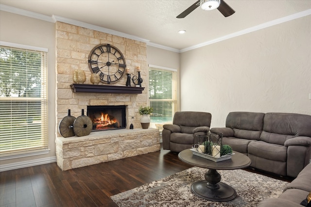 living room with a stone fireplace, a wealth of natural light, and crown molding