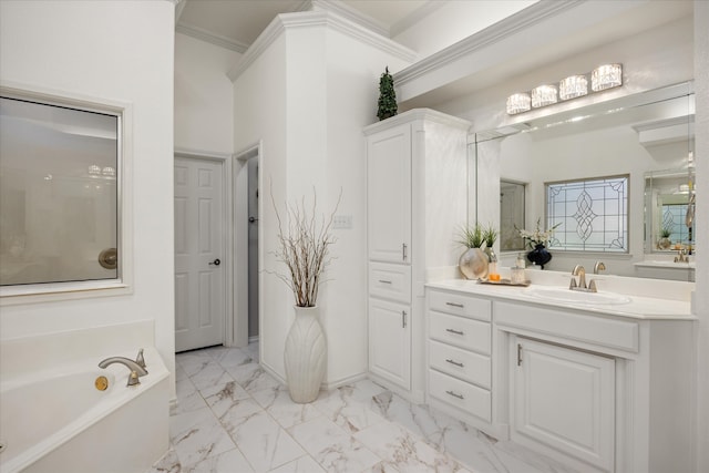 bathroom featuring vanity, a bathtub, and ornamental molding