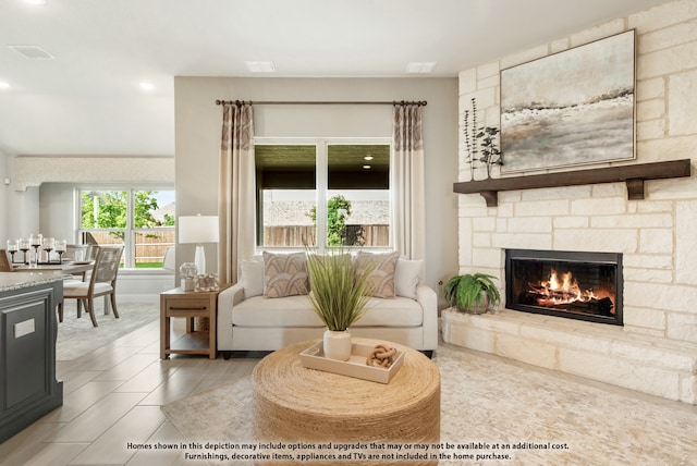 living room featuring a stone fireplace