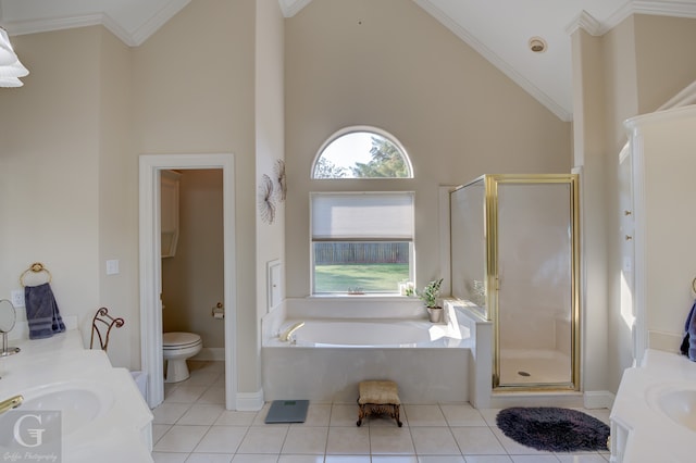 full bathroom with shower with separate bathtub, crown molding, toilet, and high vaulted ceiling