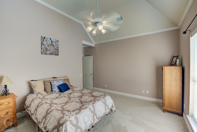 bedroom featuring ceiling fan, light colored carpet, crown molding, and vaulted ceiling