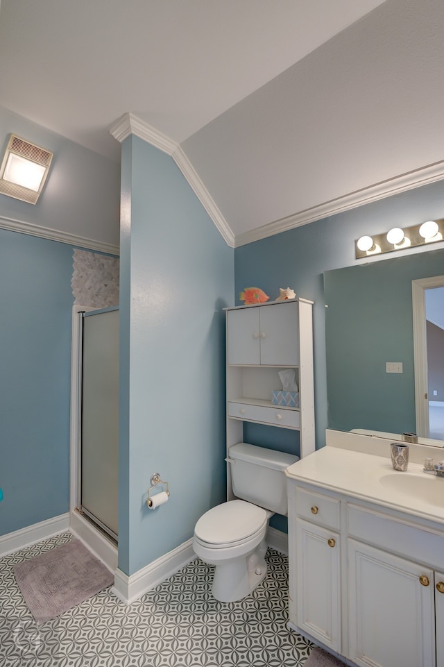 bathroom with vanity, ornamental molding, vaulted ceiling, toilet, and a shower with door