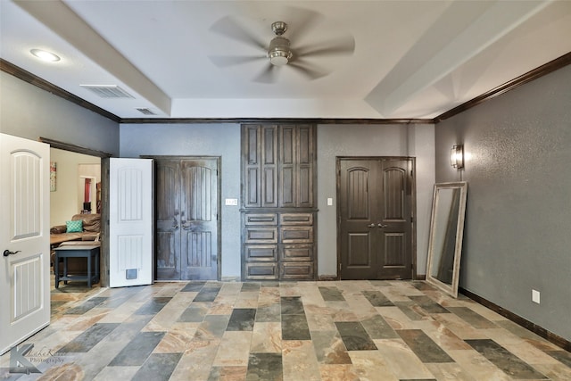 unfurnished bedroom with crown molding and ceiling fan