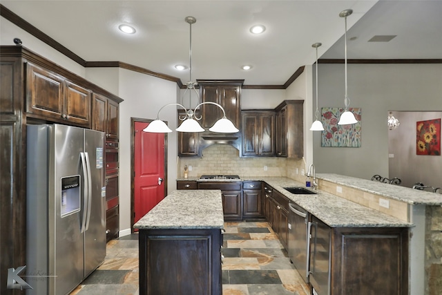 kitchen featuring light stone counters, hanging light fixtures, kitchen peninsula, dark brown cabinets, and stainless steel appliances