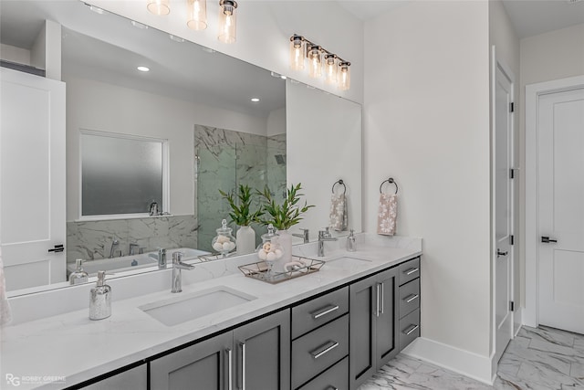 bathroom with independent shower and bath and vanity